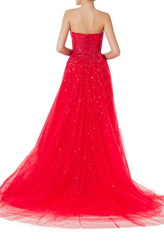 Monique Lhuillier strapless ballgown in cherry red embroidered tulle - back.