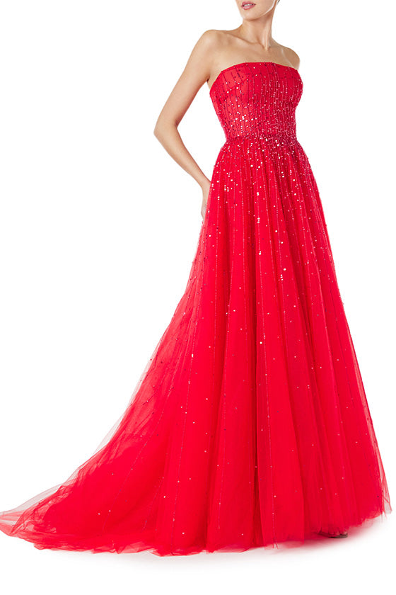 Monique Lhuillier strapless ballgown in cherry red embroidered tulle - side one.