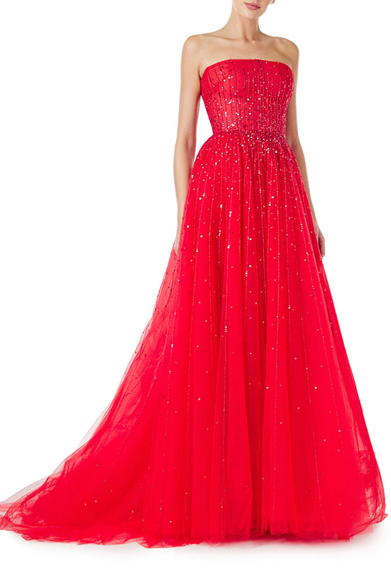 Monique Lhuillier strapless ballgown in cherry red embroidered tulle - front facing.
