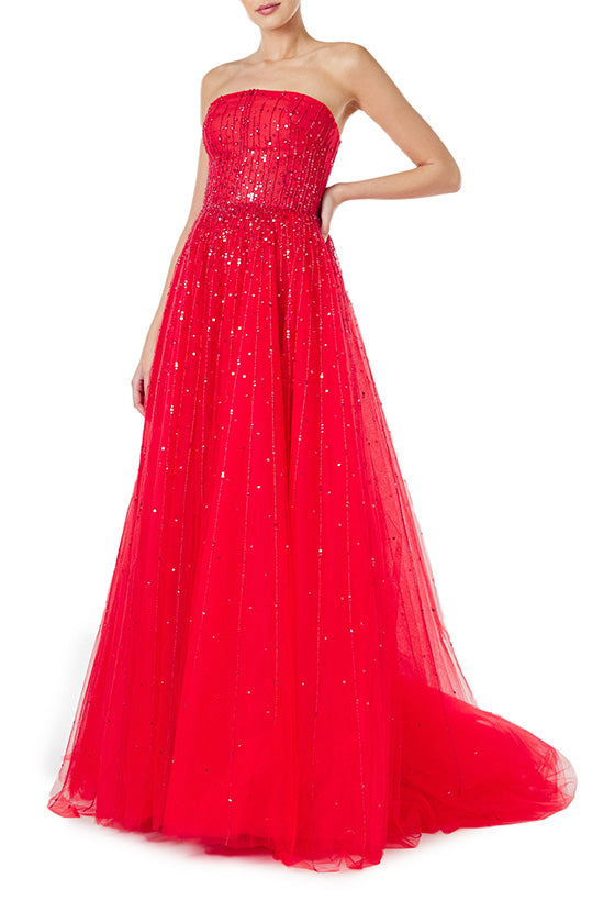 Monique Lhuillier strapless ballgown in cherry red embroidered tulle - side two.