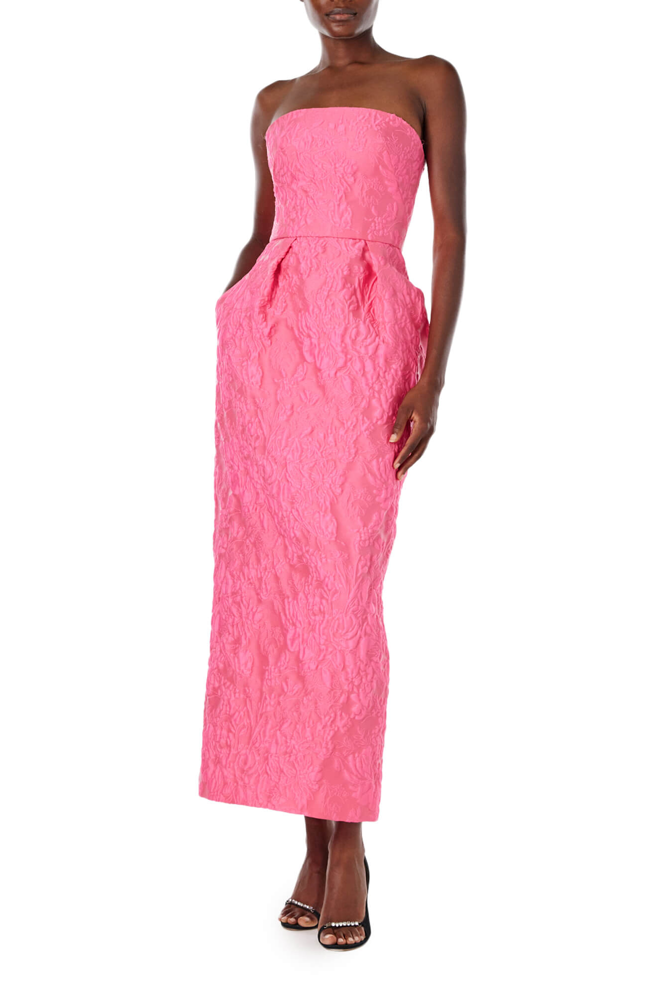 Strapless Jacquard Tea Length Gown Monique Lhuillier Strapless Jacquard Tea Length Gown Monique Lhuillier