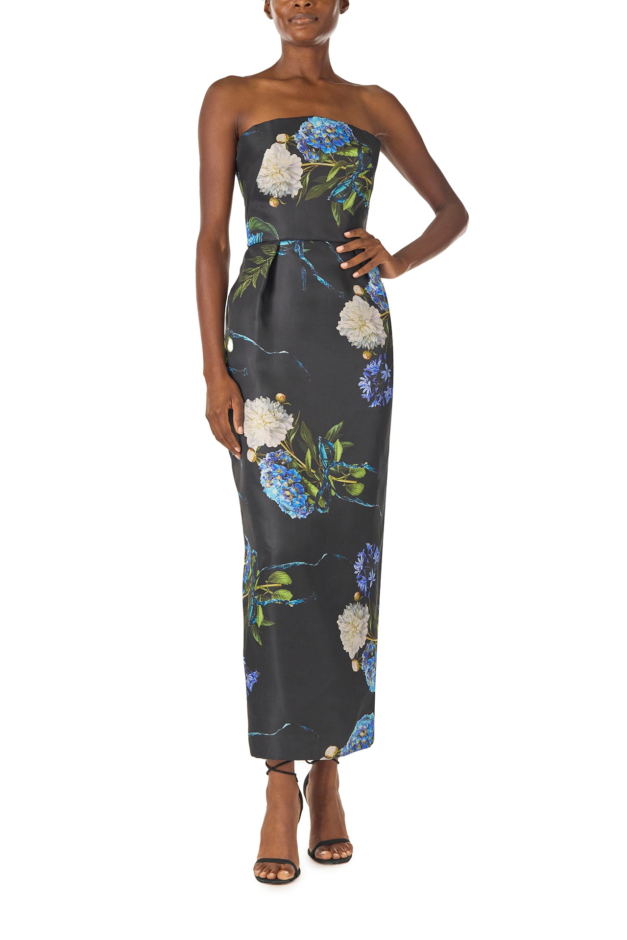 Monique Lhuillier Fall 2024 strapless, tea length gown with tulip skirt and pockets in Night Sky Hydrangea printed Gazar - front.
