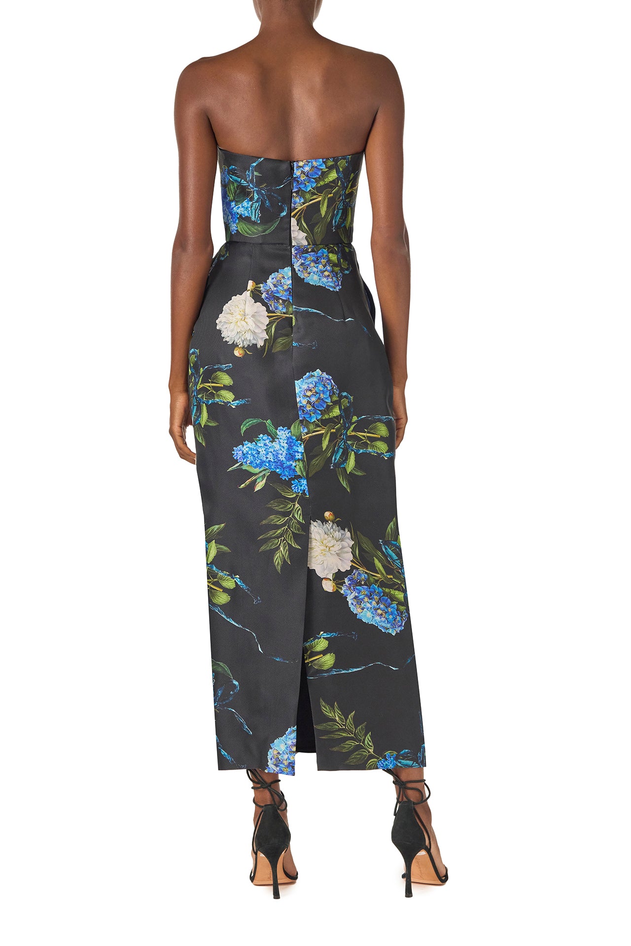 Monique Lhuillier Fall 2024 strapless, tea length gown with tulip skirt and pockets in Night Sky Hydrangea printed Gazar - back.