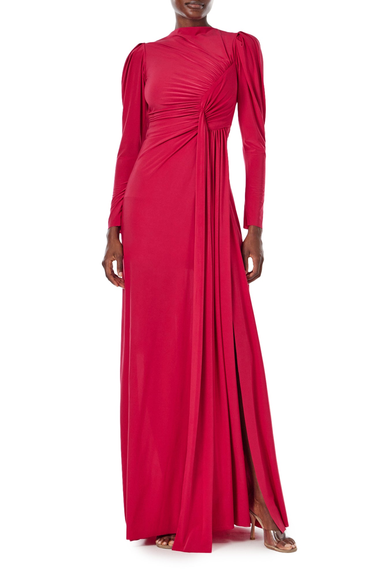 Monique Lhuillier Spring 2024 scarlet red matte jersey long sleeve, gown with draped bodice, jewel neckline and high front skirt slit - front two.