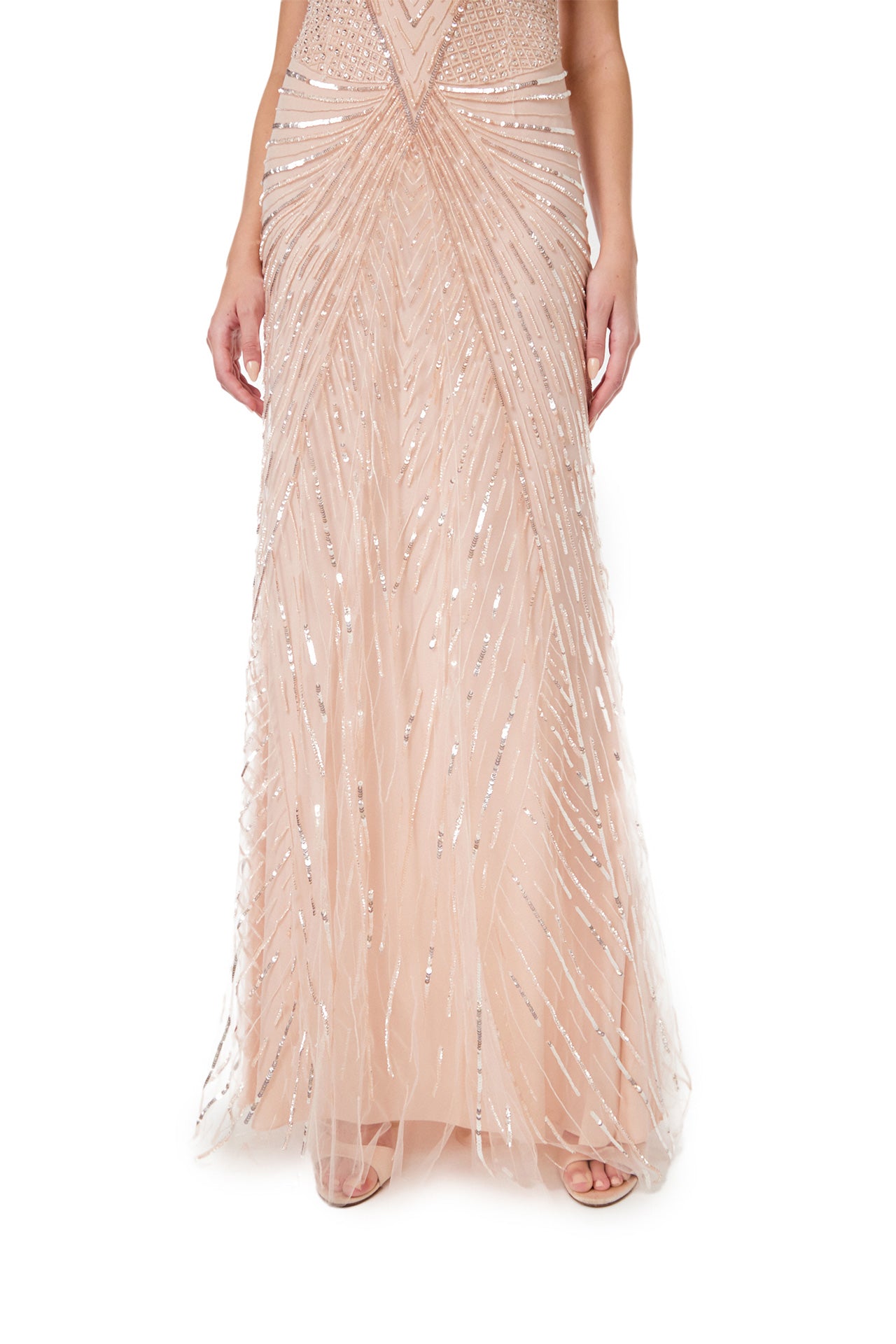 Monique Lhuillier Spring 2024 deep V-neck gown with wide straps in metallic and tonal embroidered tulle - hem.