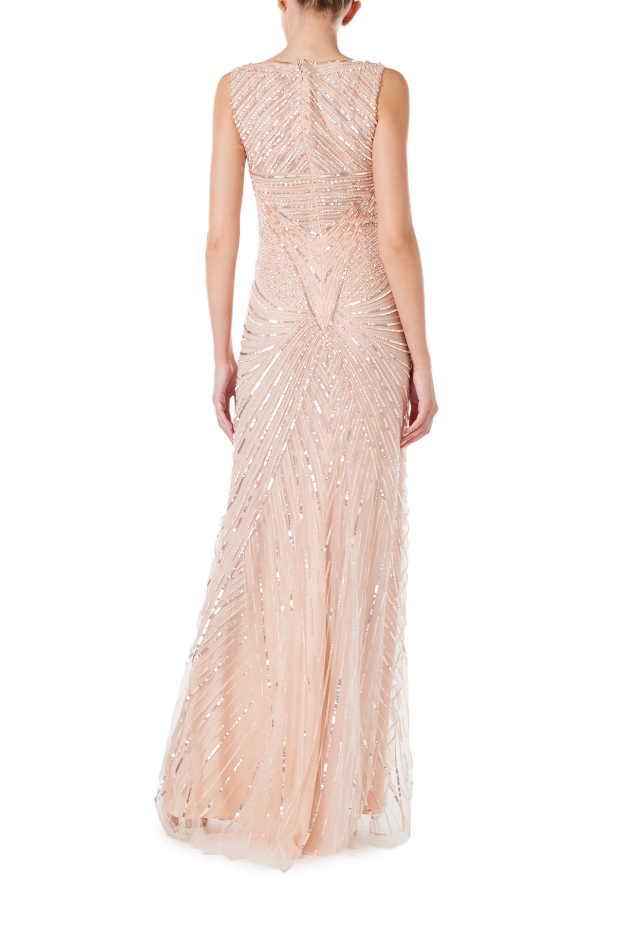 Monique Lhuillier Spring 2024 deep V-neck gown with wide straps in metallic and tonal embroidered tulle - back.