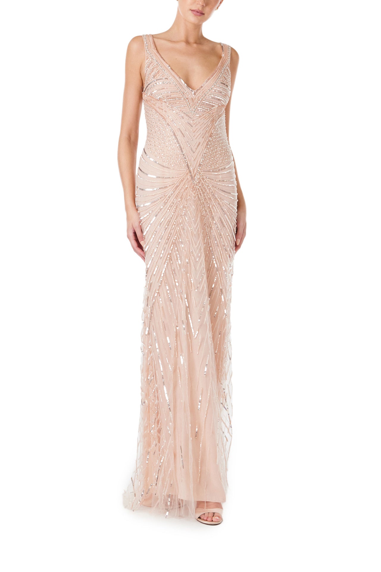 Monique Lhuillier Spring 2024 deep V-neck gown with wide straps in metallic and tonal embroidered tulle - front two.