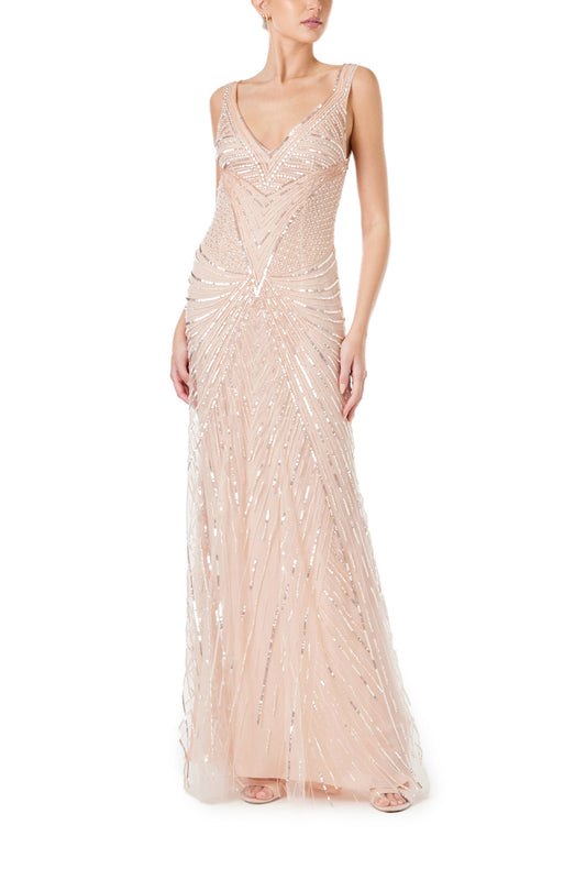 Monique Lhuillier Spring 2024 deep V-neck gown with wide straps in metallic and tonal embroidered tulle - front.