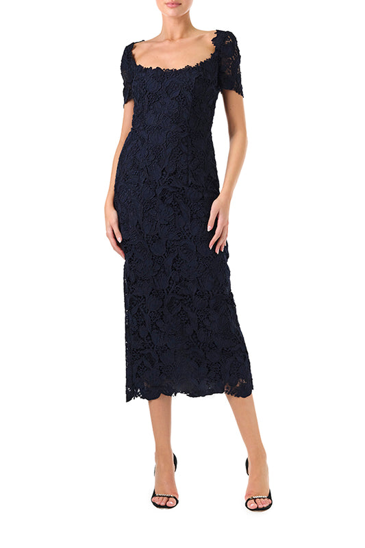 Monique Lhuillier Fall 2024 night sky colored lace sheath dress with short sleeves, scoop neckline and lace scalloped detailing - front.