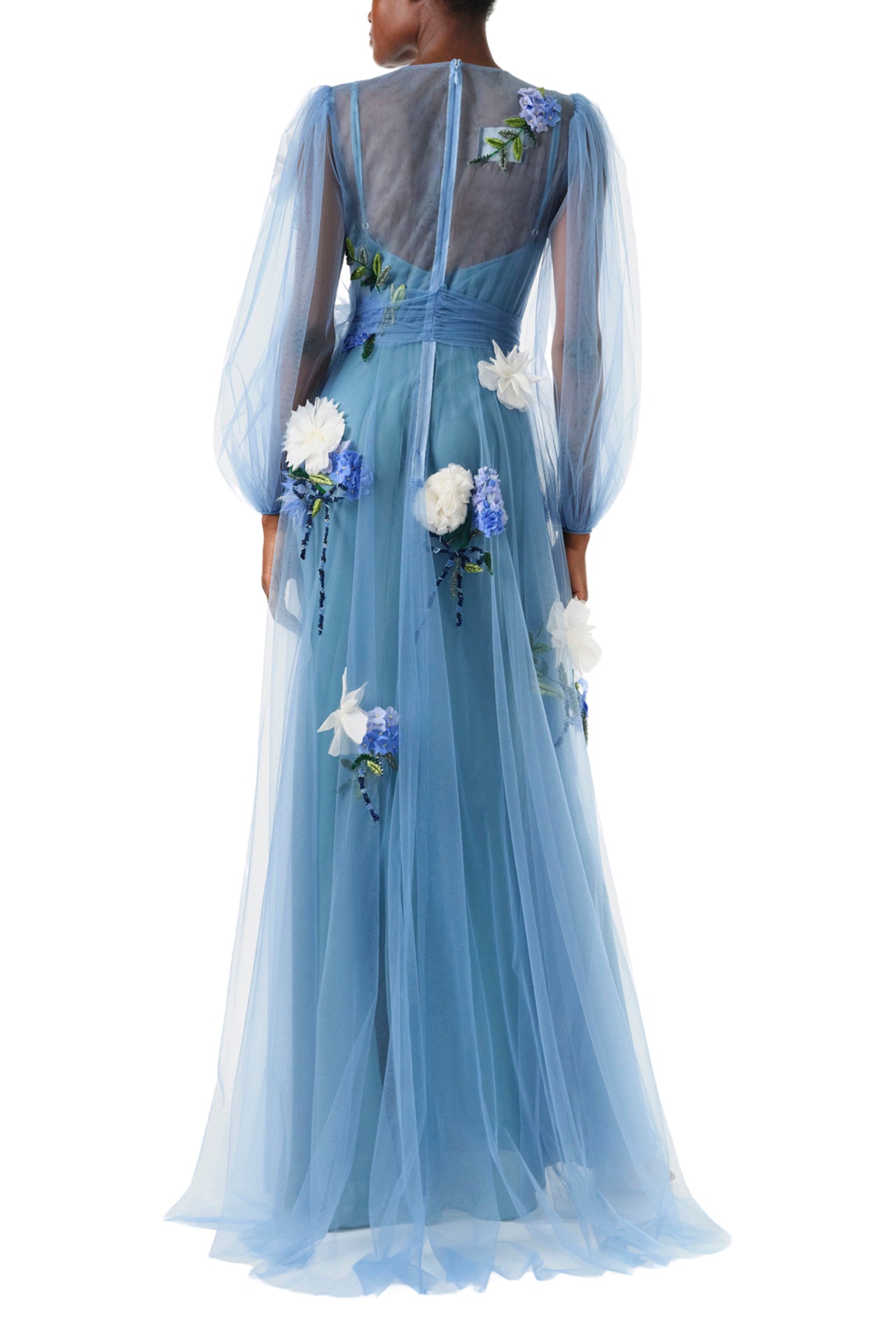 Long Sleeve Embroidered Tulle Gown 2 / Sky Blue Long Sleeve Embroidered Tulle Gown 2 / Sky Blue