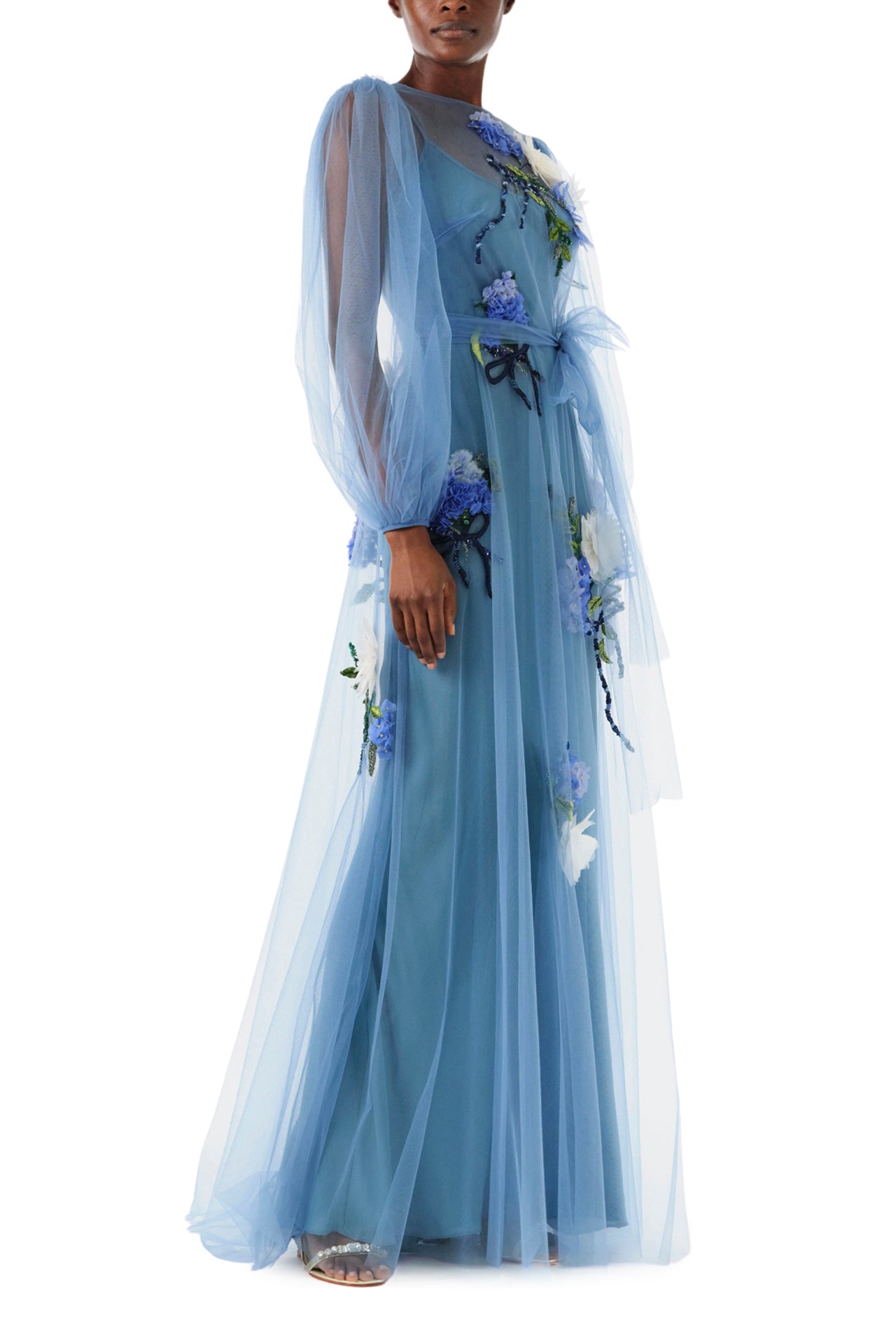 Long Sleeve Embroidered Tulle Gown 2 / Sky Blue Long Sleeve Embroidered Tulle Gown 2 / Sky Blue
