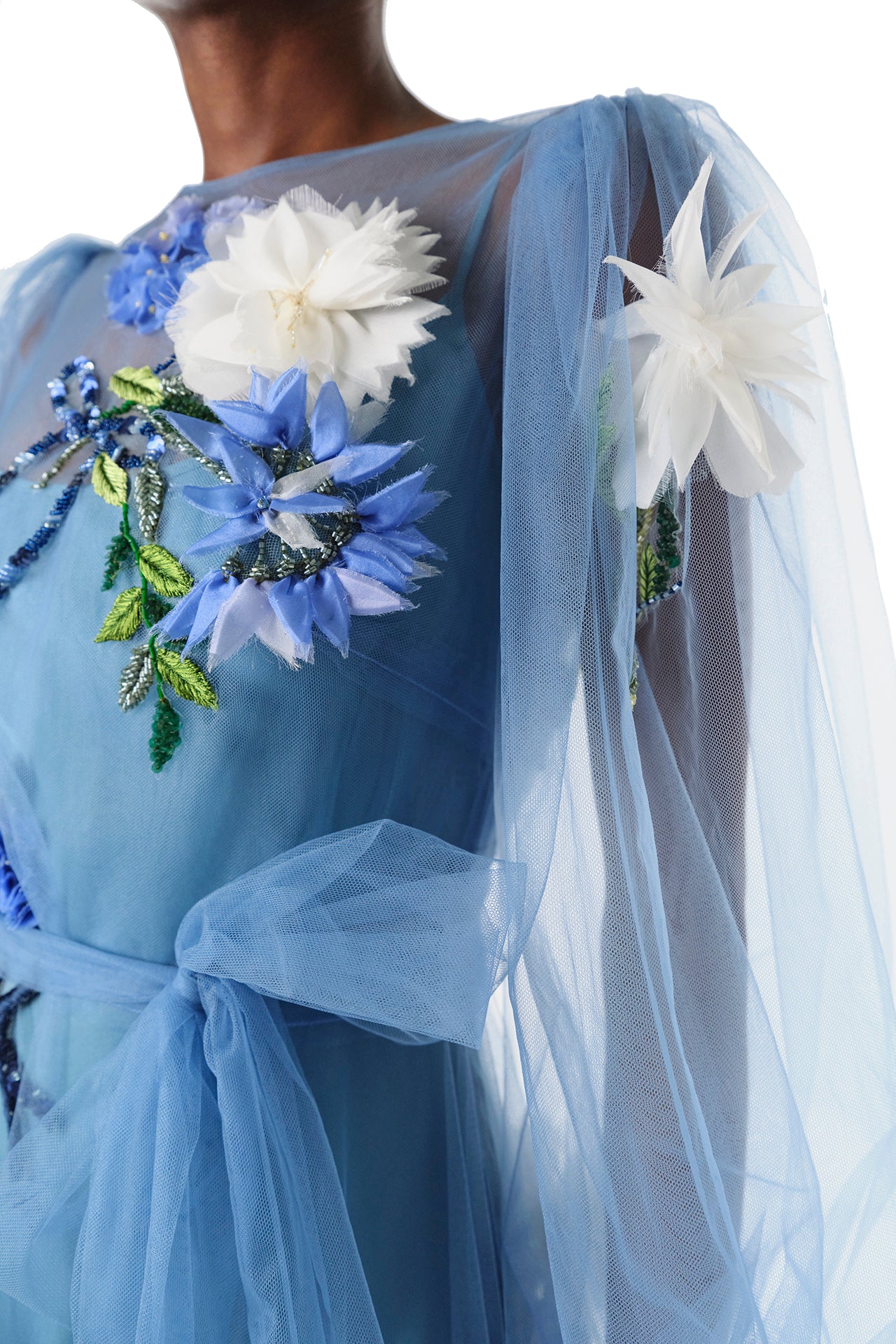 Long Sleeve Embroidered Tulle Gown 2 / Sky Blue Long Sleeve Embroidered Tulle Gown 2 / Sky Blue