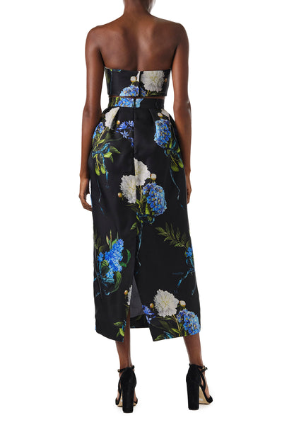 Monique Lhuillier Fall 2024 midi skirt with pockets in Night Sky Multi floral printed gazar - back,