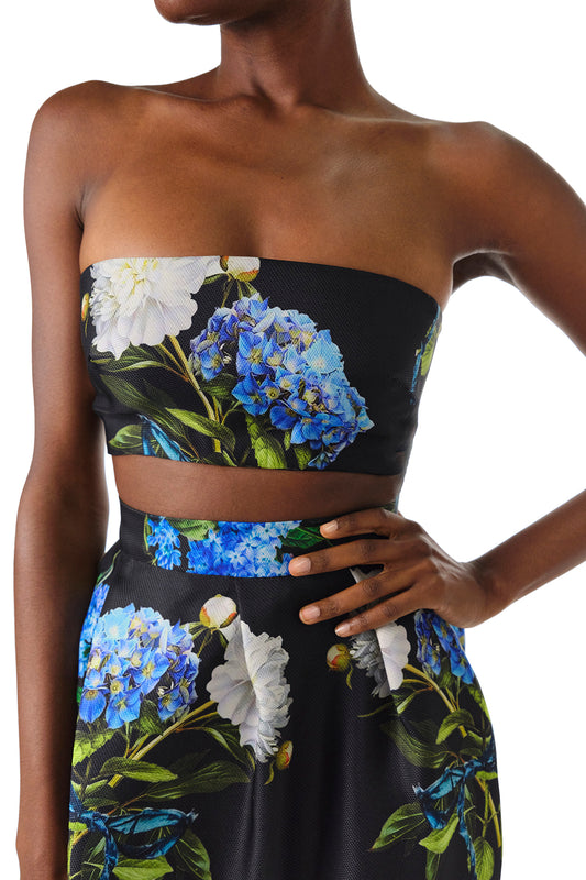 Monique Lhuillier Fall 2024 strapless bandeau in Night Sky Multi floral printed gazar - front crop.