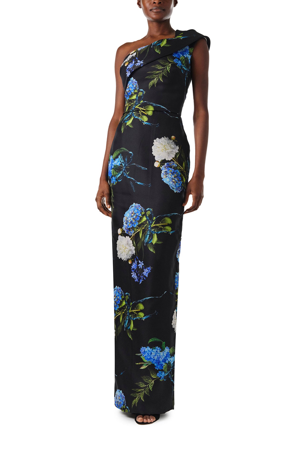 Monique Lhuillier Fall 2024 night sky floral, one shoulder column gown with draped neckline and natural waist seam - front.