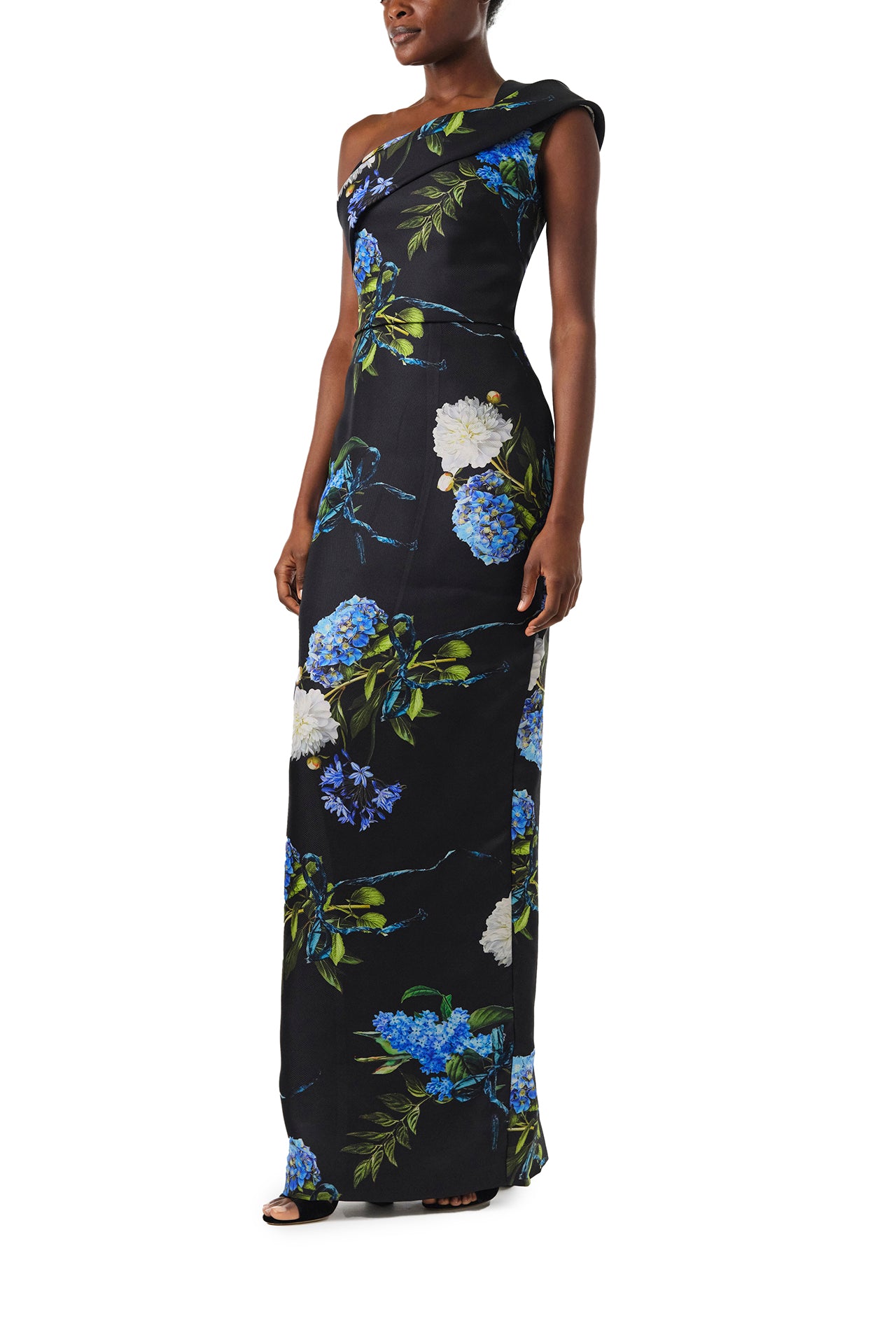 Monique Lhuillier Fall 2024 night sky floral, one shoulder column gown with draped neckline and natural waist seam - left side.