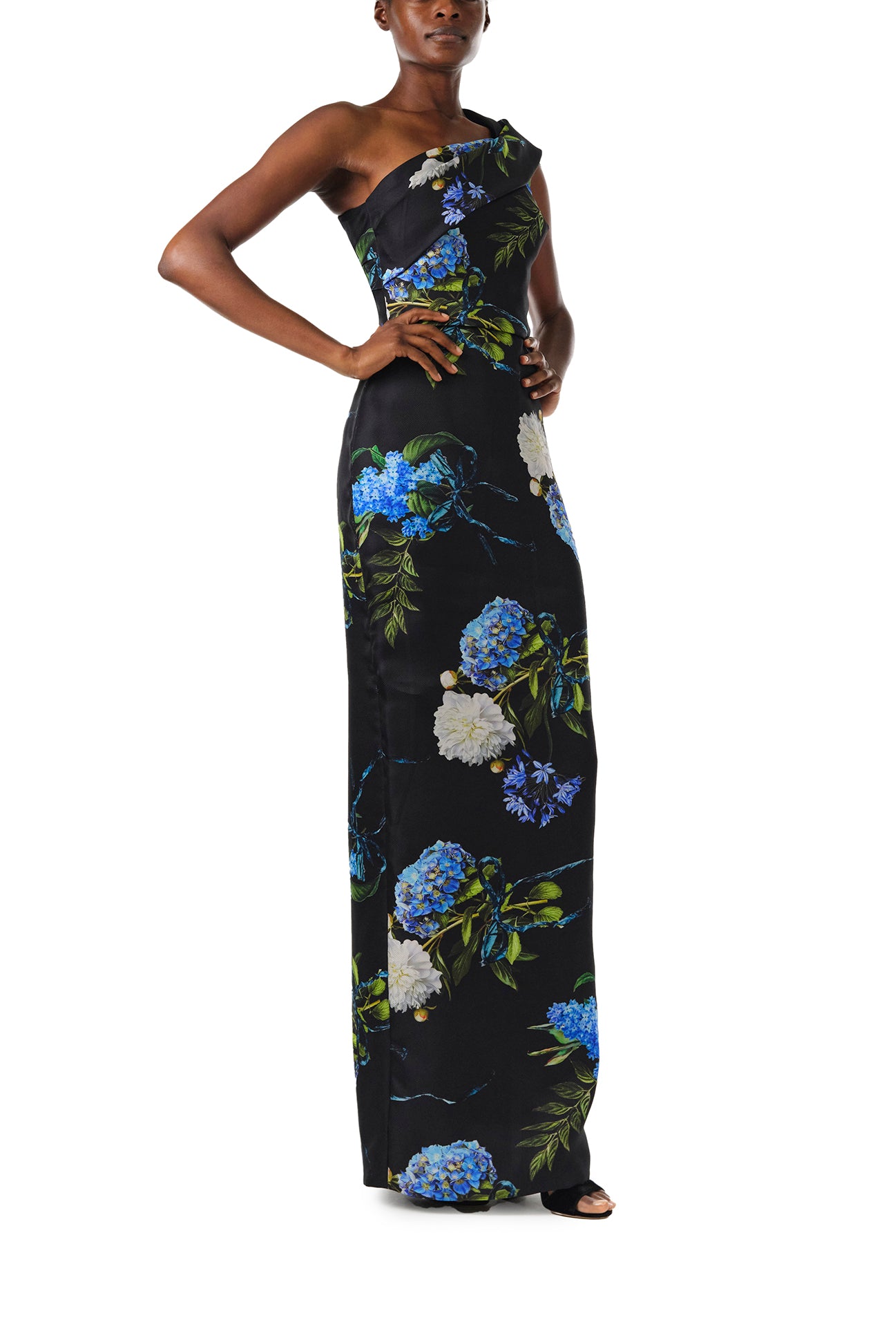 Monique Lhuillier Floral Draped One-Shoulder Column Gown