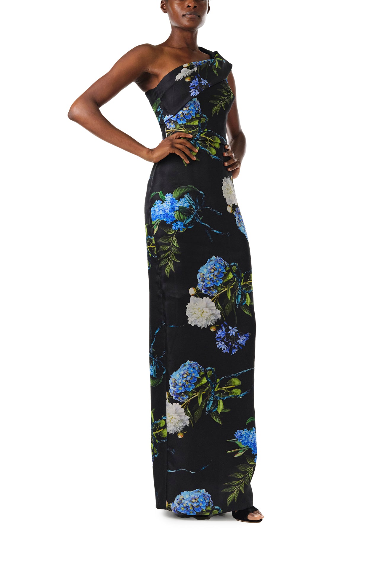 Monique Lhuillier Fall 2024 night sky floral, one shoulder column gown with draped neckline and natural waist seam - right side.