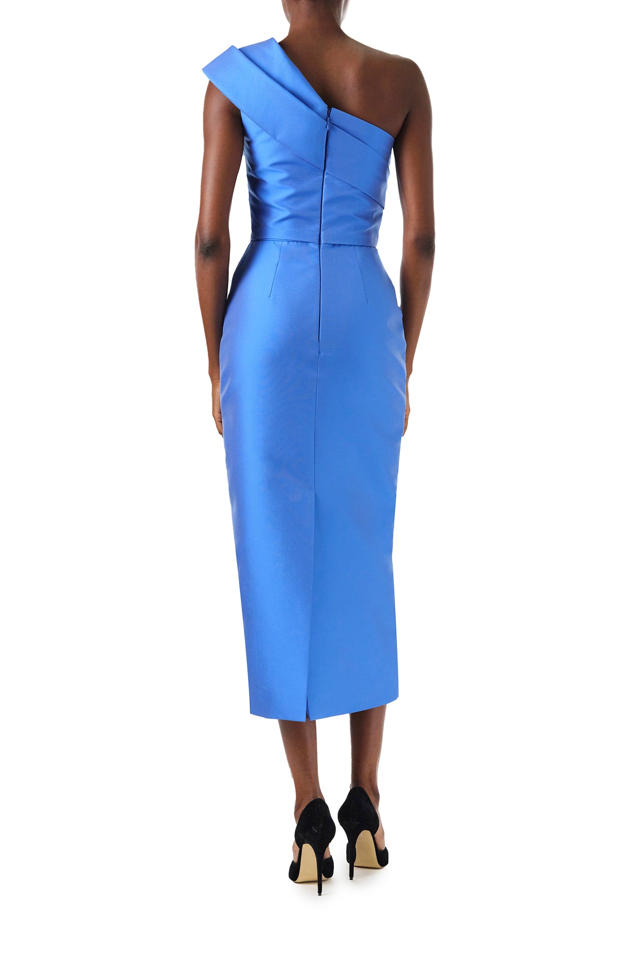 Monique Lhuillier Fall 2024 tea length column dress with draped, one shoulder neckline and natural-waist seam in sky blue mikado - back.