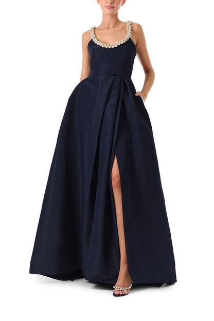 Dark Blue Scoop Neck Ball Gown With Pearls