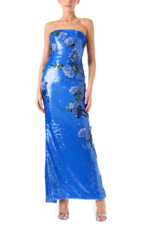 Monique Lhuillier Fall 2024 fitted, strapless column gown in Sky Blue sequin and Floral embroidery - front.