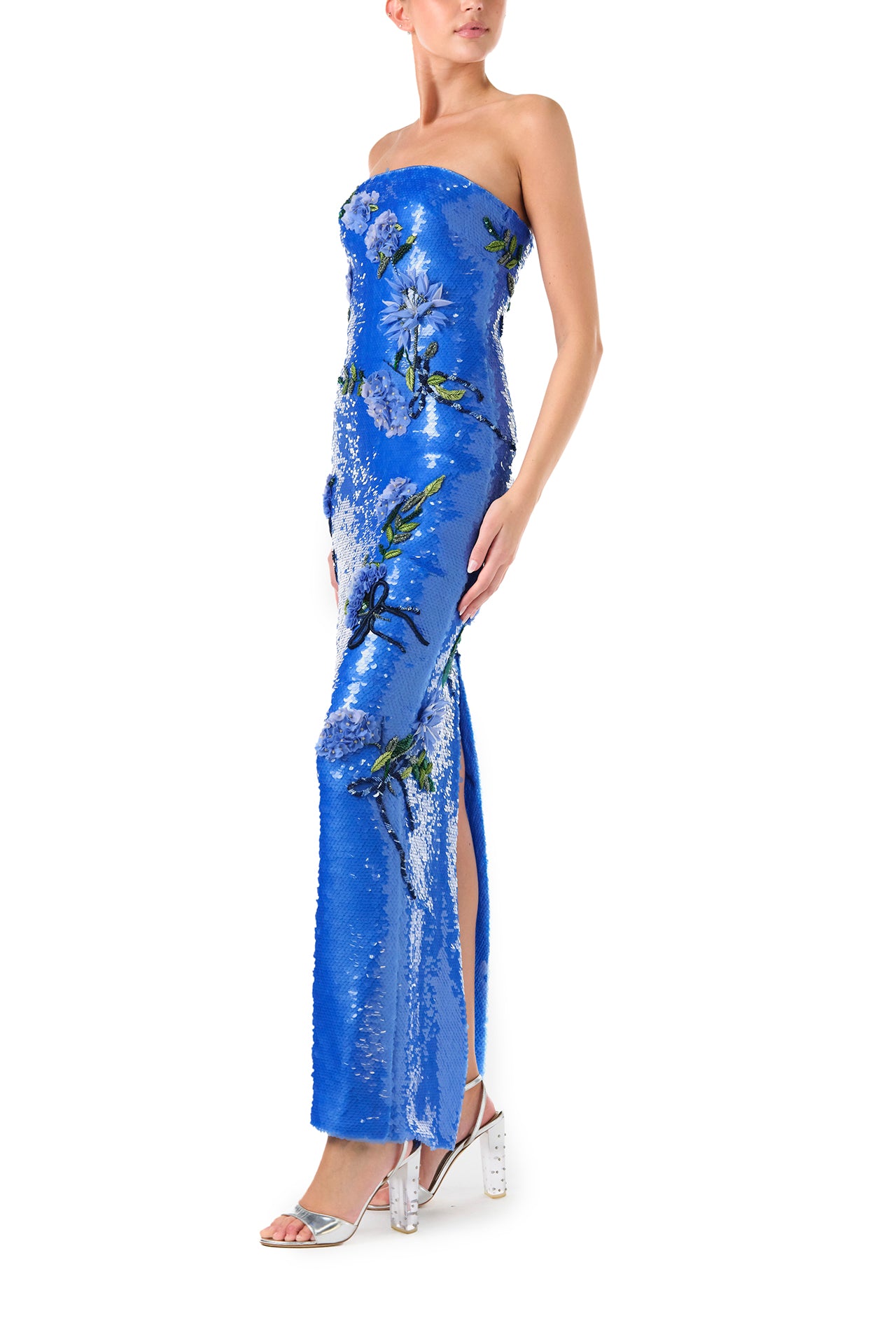Monique Lhuillier Fall 2024 fitted, strapless column gown in Sky Blue sequin and Floral embroidery - left side.