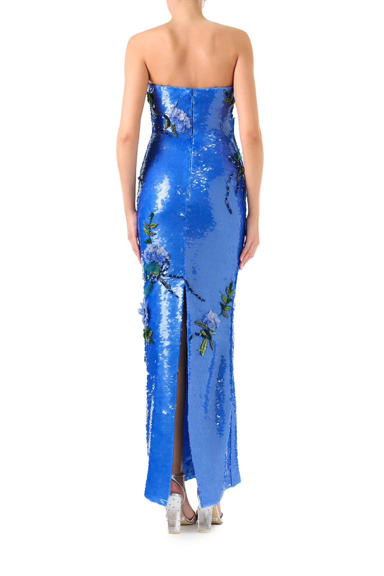 Monique Lhuillier Fall 2024 fitted, strapless column gown in Sky Blue sequin and Floral embroidery - back.