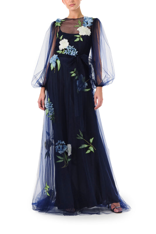 Monique Lhuillier Fall 2024 tulle gown with semi-sheer puff sleeves in Night Sky tulle and floral embroidery - front.