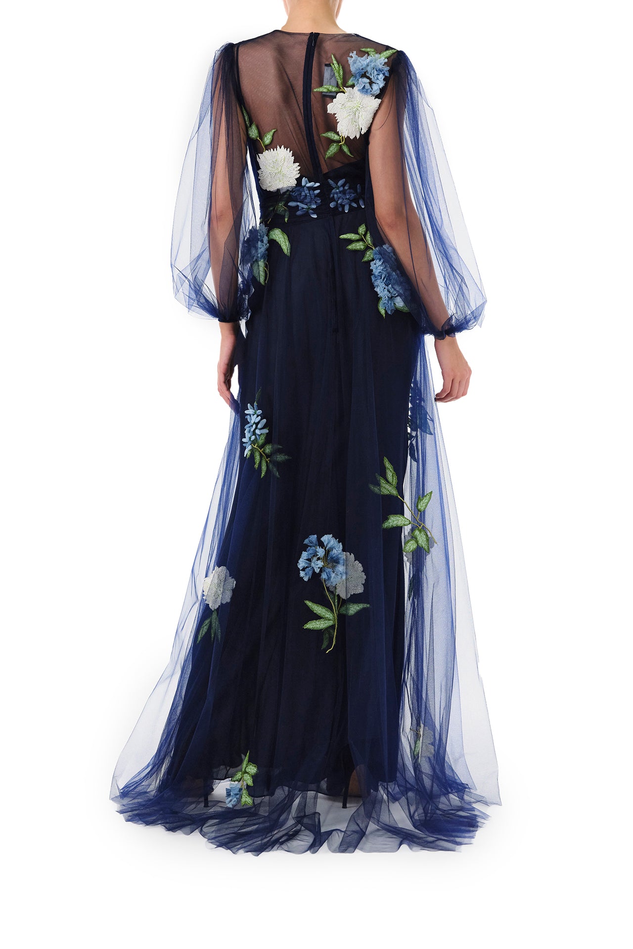 Monique Lhuillier Fall 2024 tulle gown with semi-sheer puff sleeves in Night Sky tulle and floral embroidery - back.