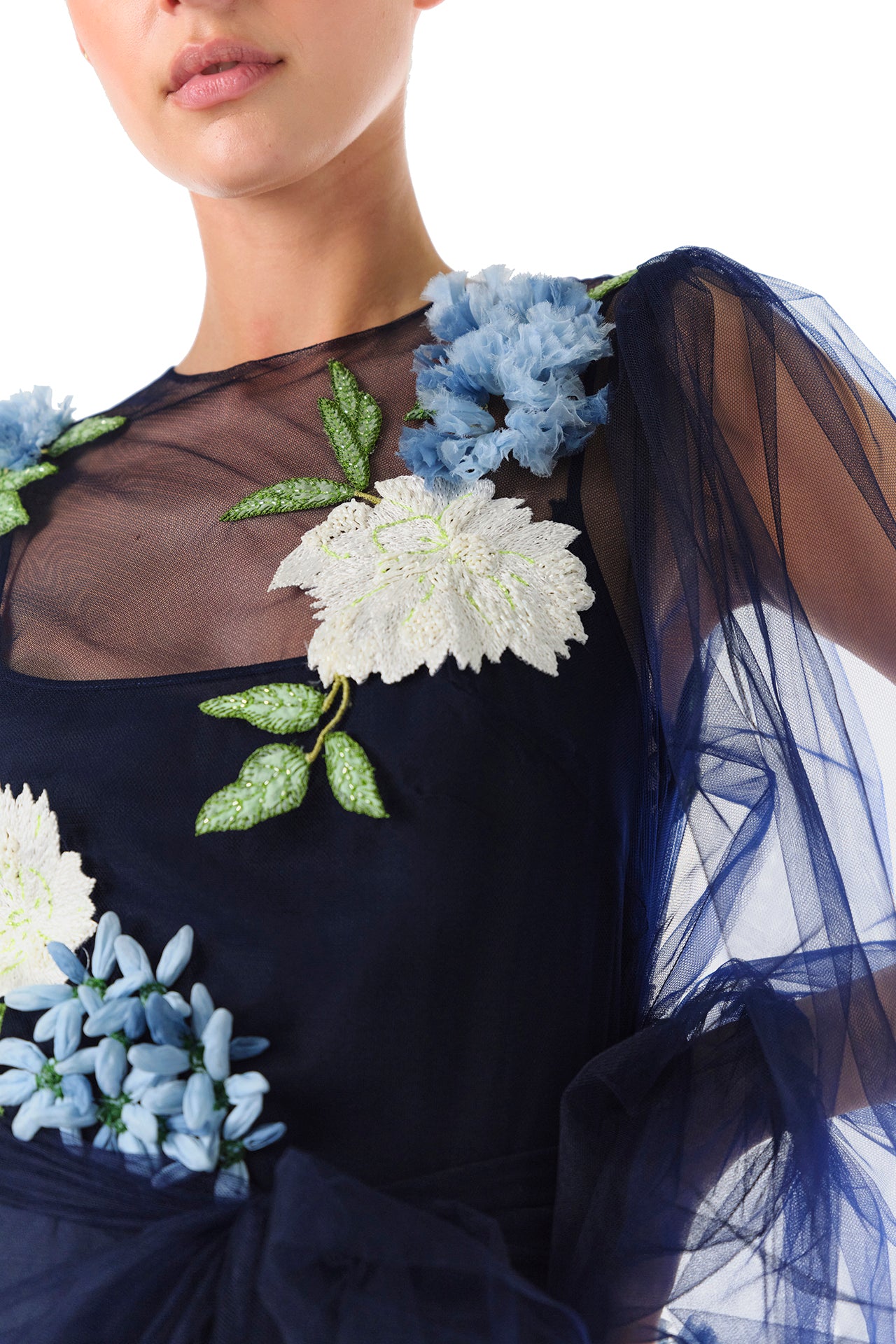 Puffed Sleeve Embroidered Tulle Gown 12 / Night Sky Puffed Sleeve Embroidered Tulle Gown 12 / Night Sky