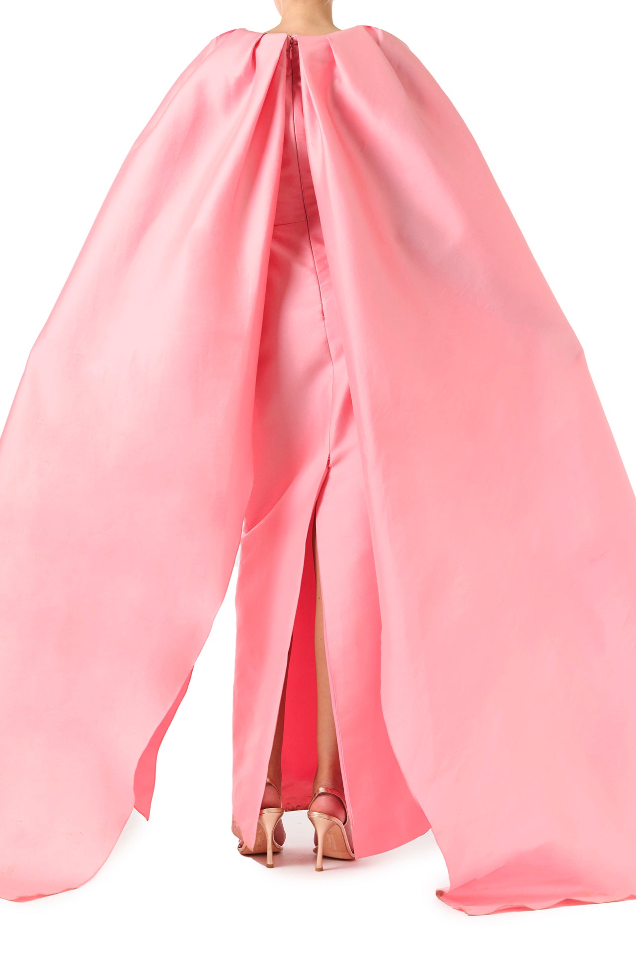Monique Lhuillier Fall 2024 Dahlia pink mikado, sleeveless column gown with scoop neckline and attached cape - back two.