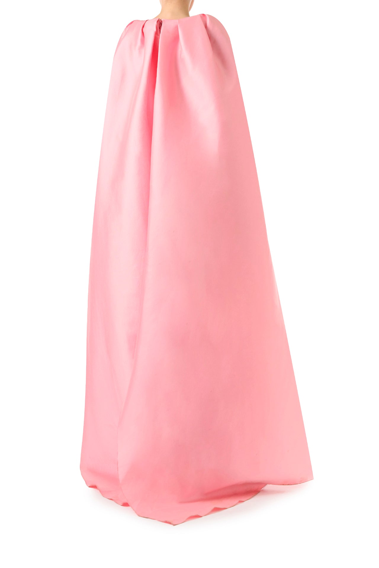 Monique Lhuillier Fall 2024 Dahlia pink mikado, sleeveless column gown with scoop neckline and attached cape - back.