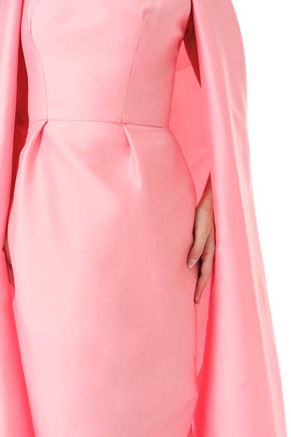 Monique Lhuillier Fall 2024 Dahlia pink mikado, sleeveless column gown with scoop neckline and attached cape - fabric.