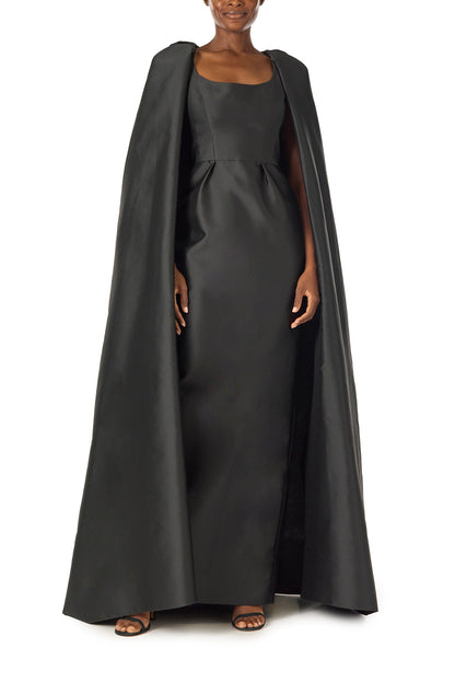 Monique Lhuillier Fall 2024 sleeveless, scoop neck column gown with integral cape in noir mikado fabric - front.