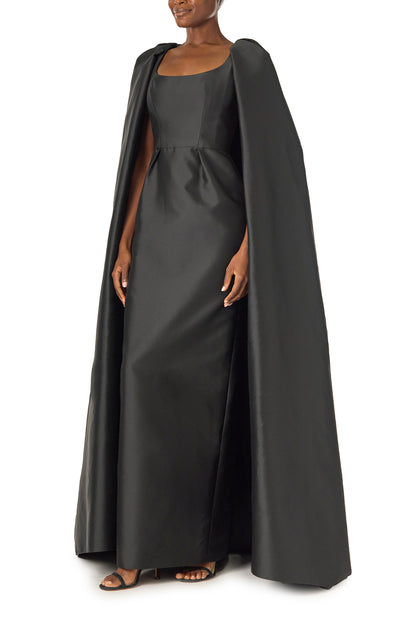 Monique Lhuillier Fall 2024 sleeveless, scoop neck column gown with integral cape in noir mikado fabric - side.