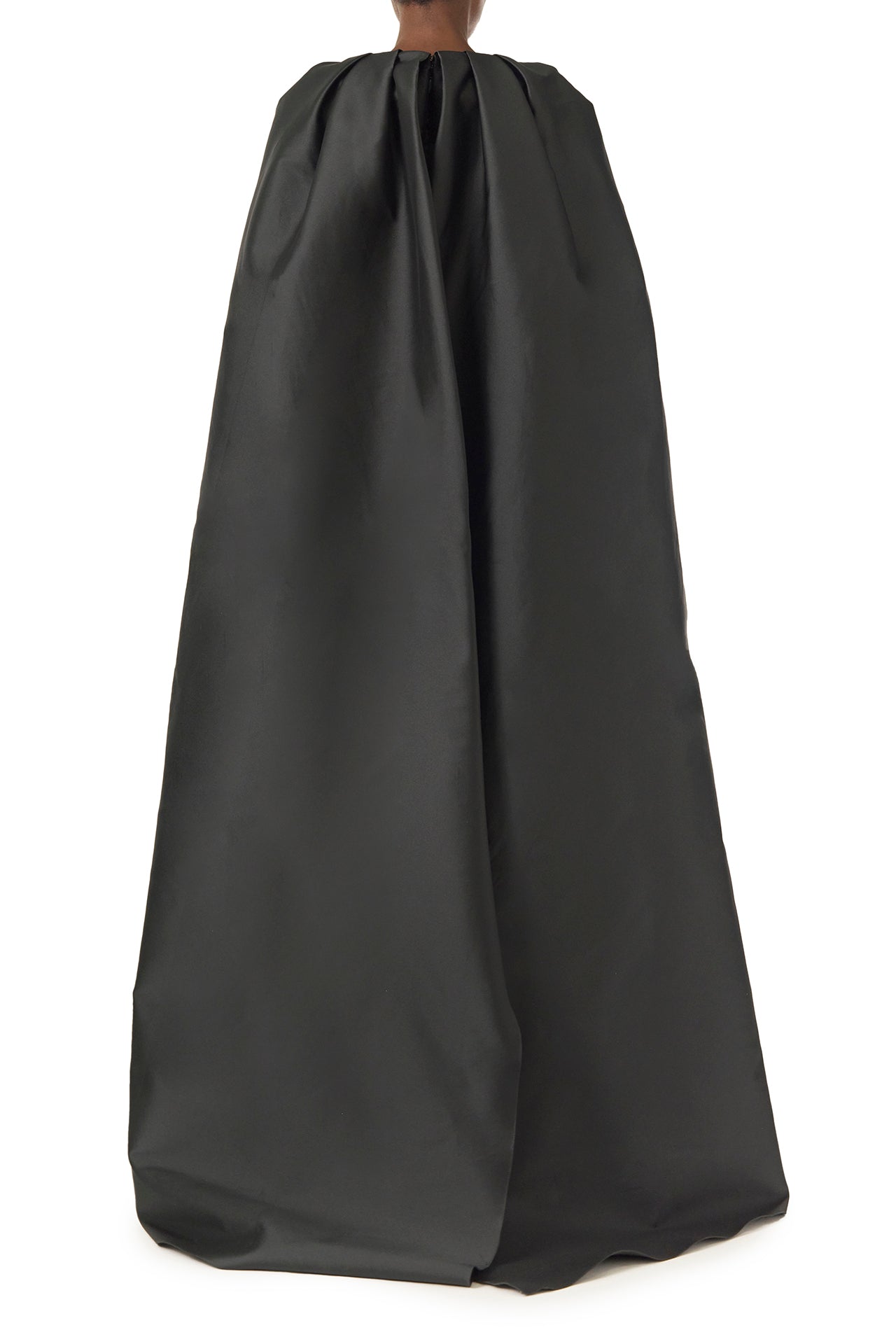 Monique Lhuillier Fall 2024 sleeveless, scoop neck column gown with integral cape in noir mikado fabric - back.