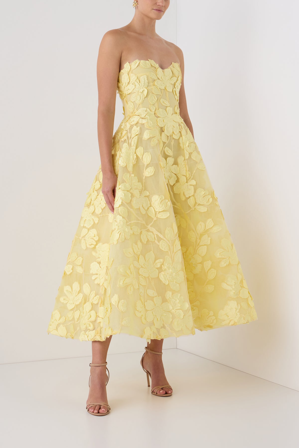 Monique Lhuillier exclusive strapless Pale Yellow tea-length dress in three-dimensional lace - side.