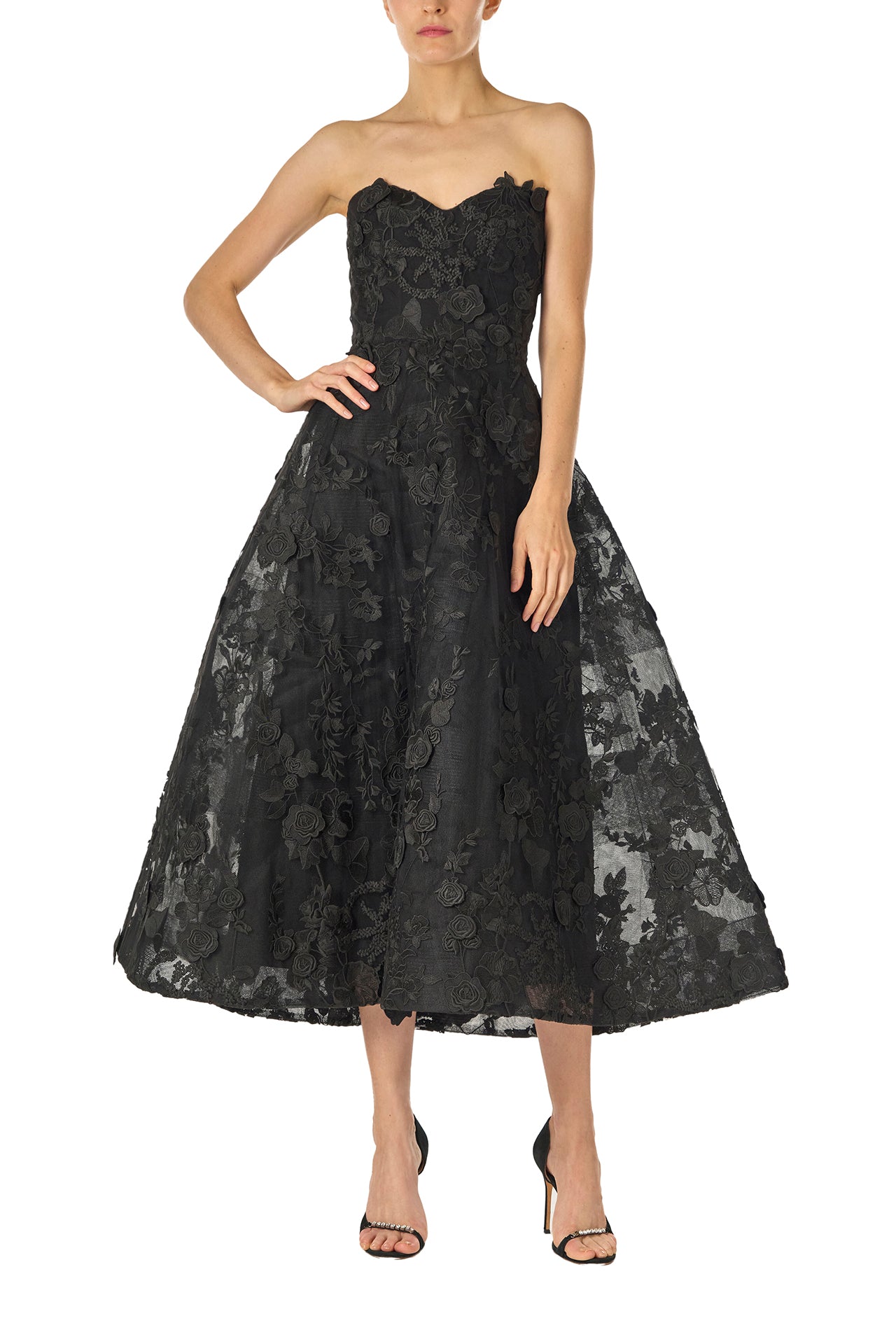 Monique Lhuillier Fall 2024 high neck, long sleeve noir lace jacket with hook and eye closure - front without the jacket.