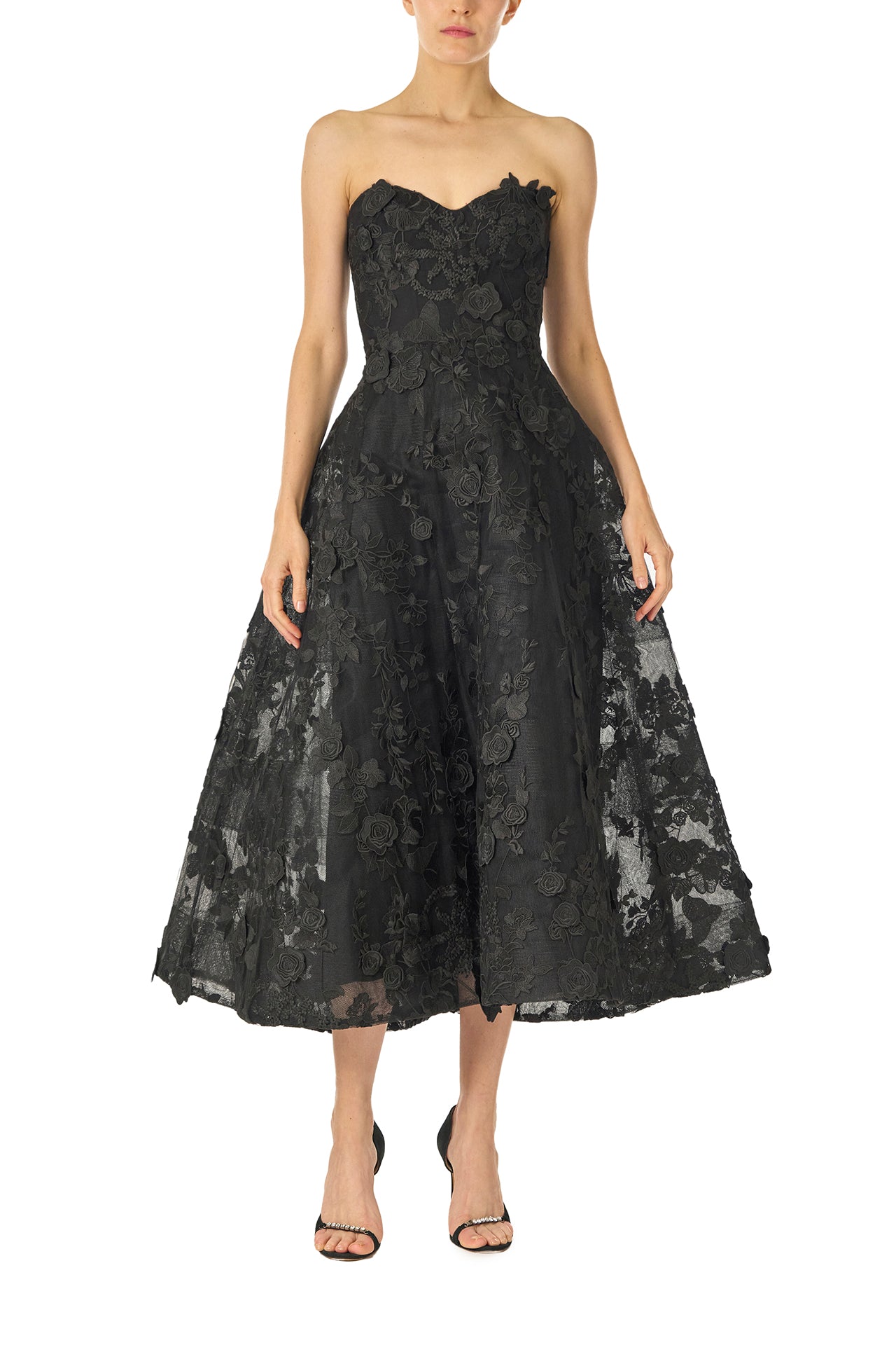 Monique Lhuillier Fall 2024 tea-length, strapless dress in noir 3D lace with full skirt and fitted sweetheart bodice - front.