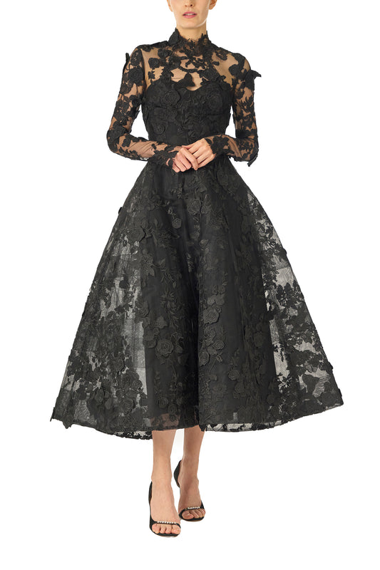 Monique Lhuillier Fall 2024 high neck, long sleeve noir lace jacket with hook and eye closure - front.
