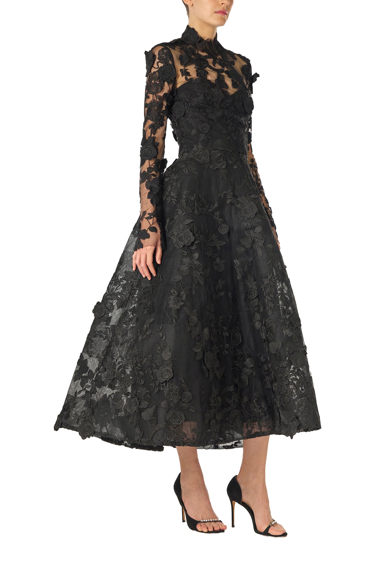Monique Lhuillier Fall 2024 high neck, long sleeve noir lace jacket with hook and eye closure - side.