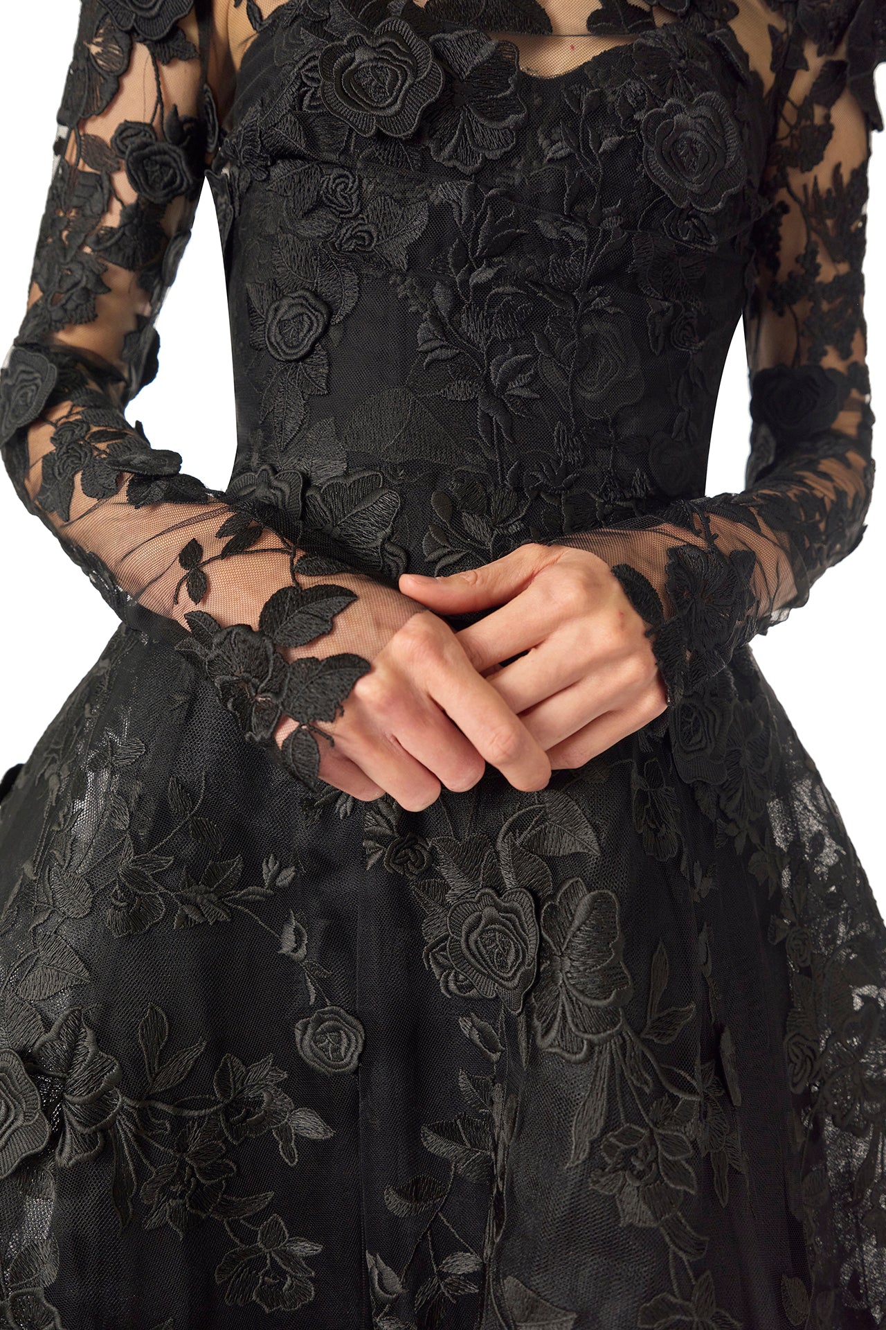 Monique Lhuillier Fall 2024 high neck, long sleeve noir lace jacket with hook and eye closure - sheer long sleeves.