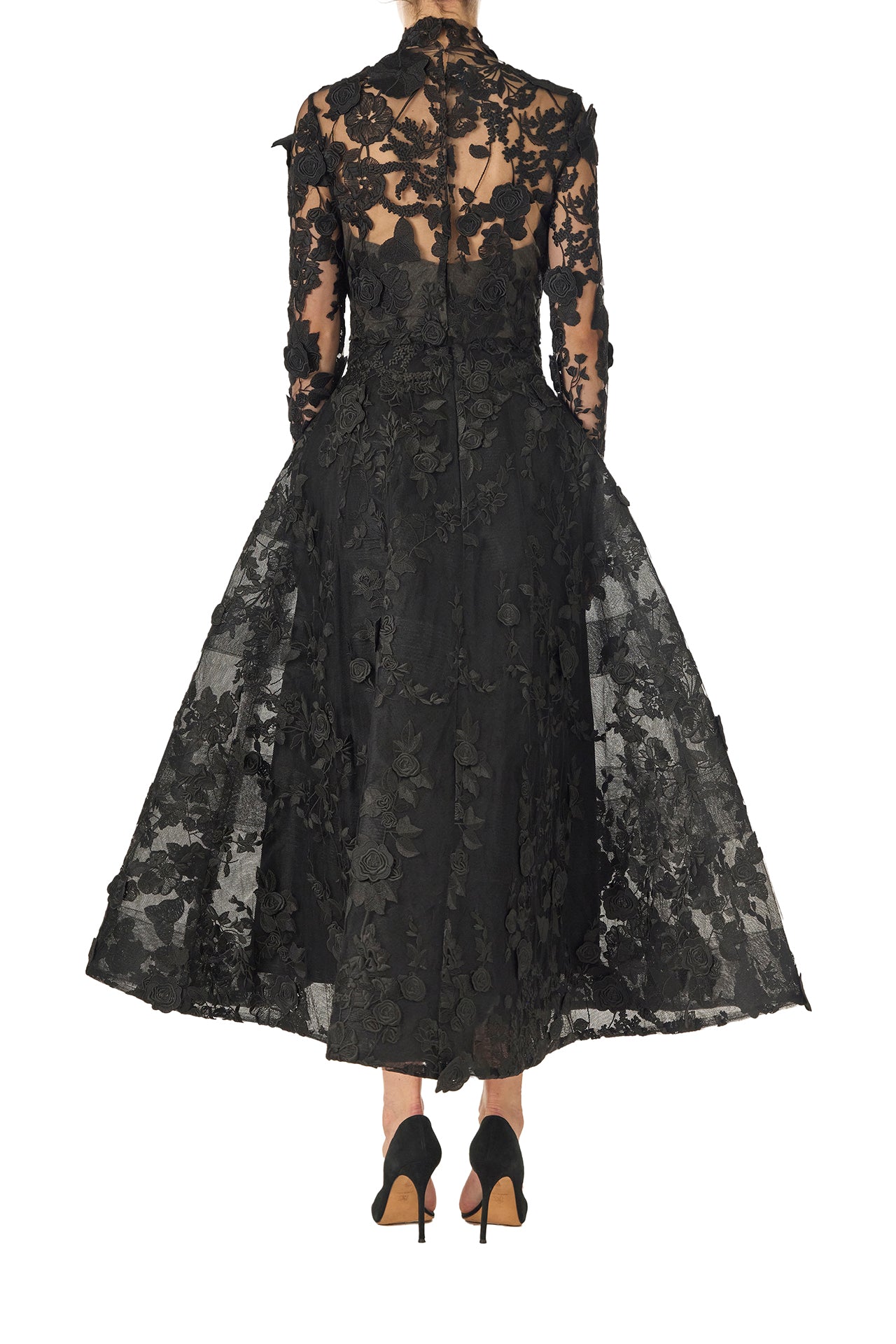 Monique Lhuillier Fall 2024 high neck, long sleeve noir lace jacket with hook and eye closure - back.