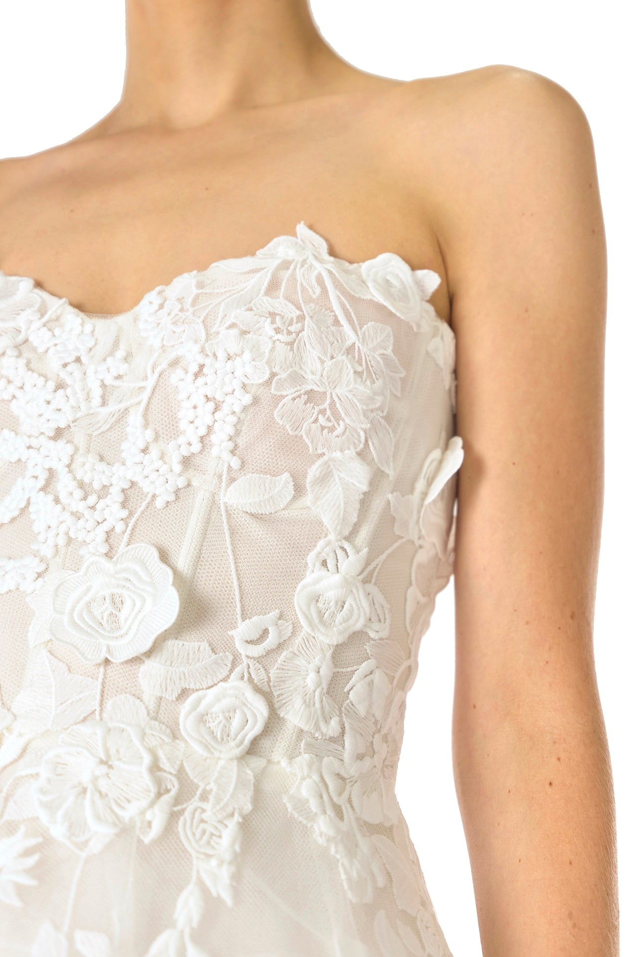 Monique Lhuillier Fall 2024 tea-length, strapless dress in silk white3D lace with full skirt and fitted sweetheart bodice - fabric detail.