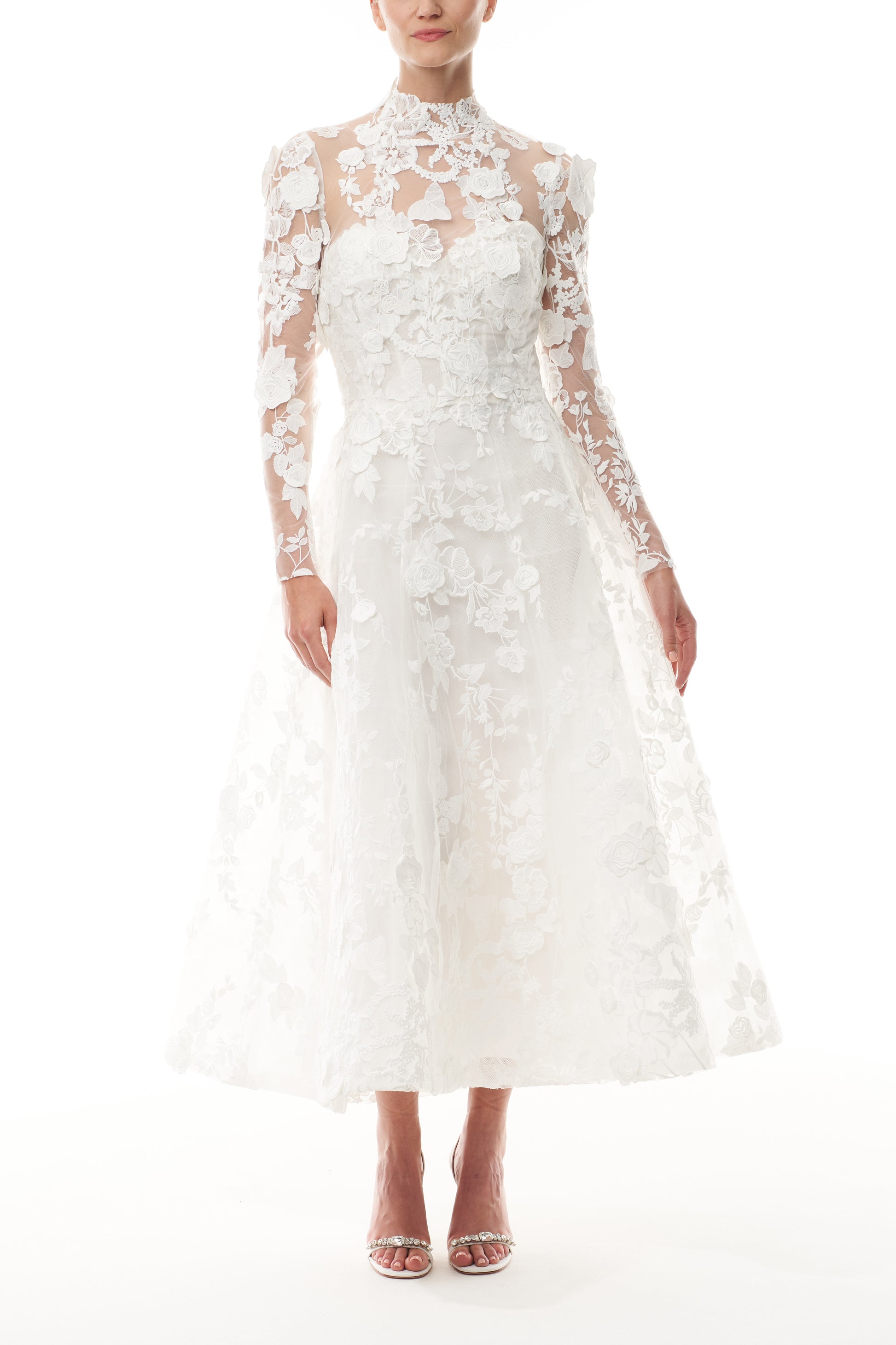 Monique Lhuillier silk white lace jacket with high neck and hook and eye closure - front with matching midi dress.