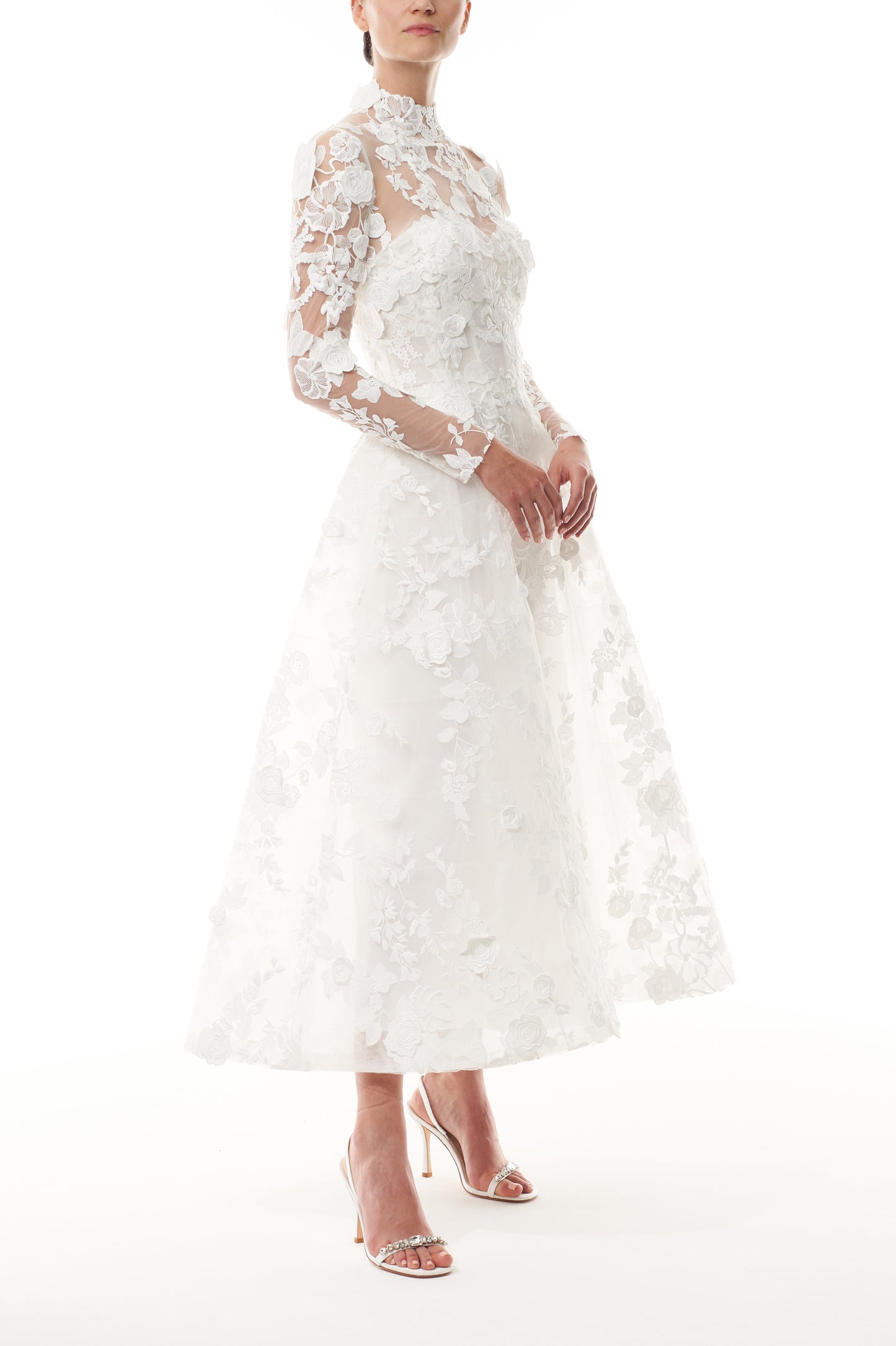 Monique Lhuillier silk white lace jacket with high neck and hook and eye closure - side.