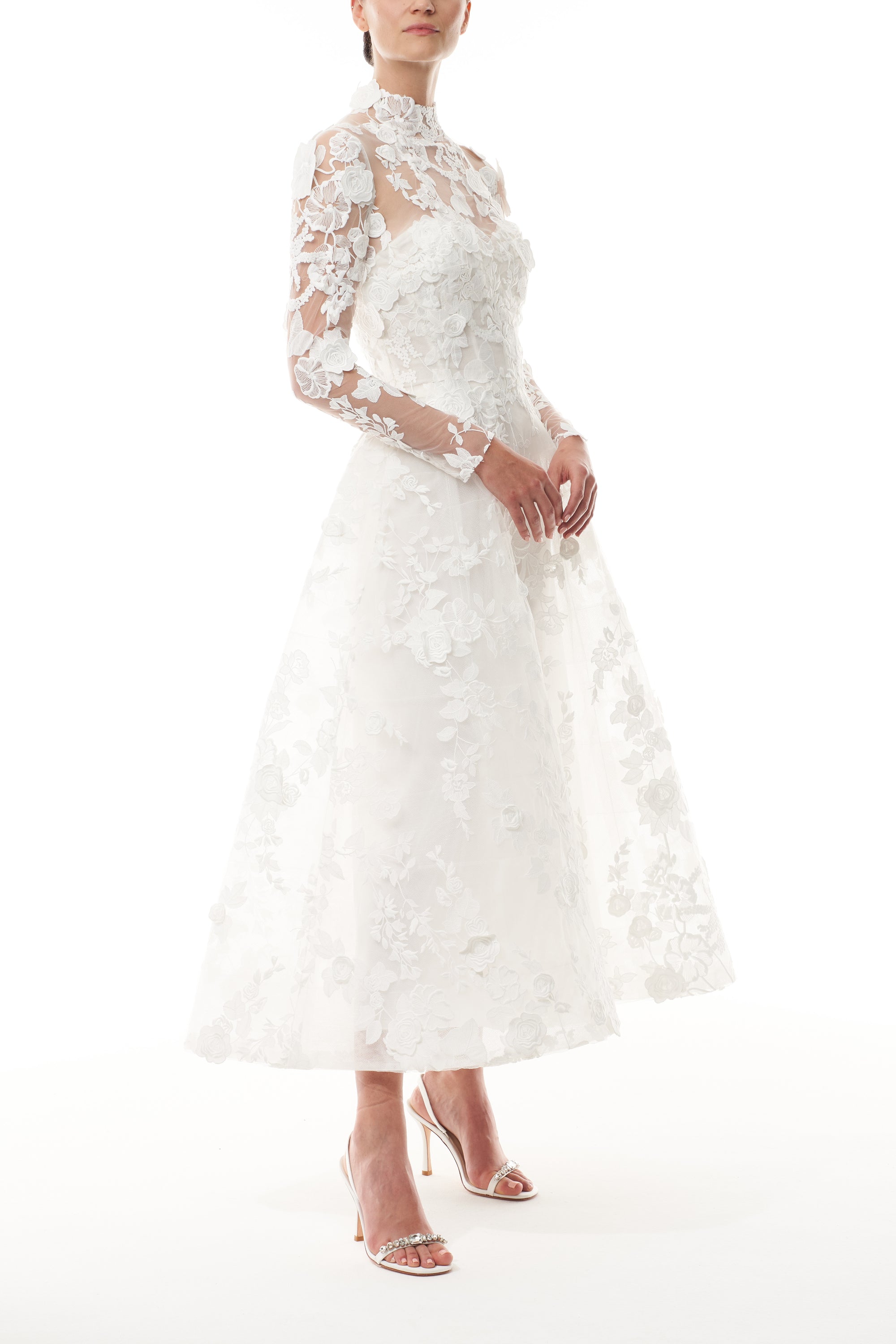 Monique Lhuillier silk white lace jacket with high neck and hook and eye closure - side.