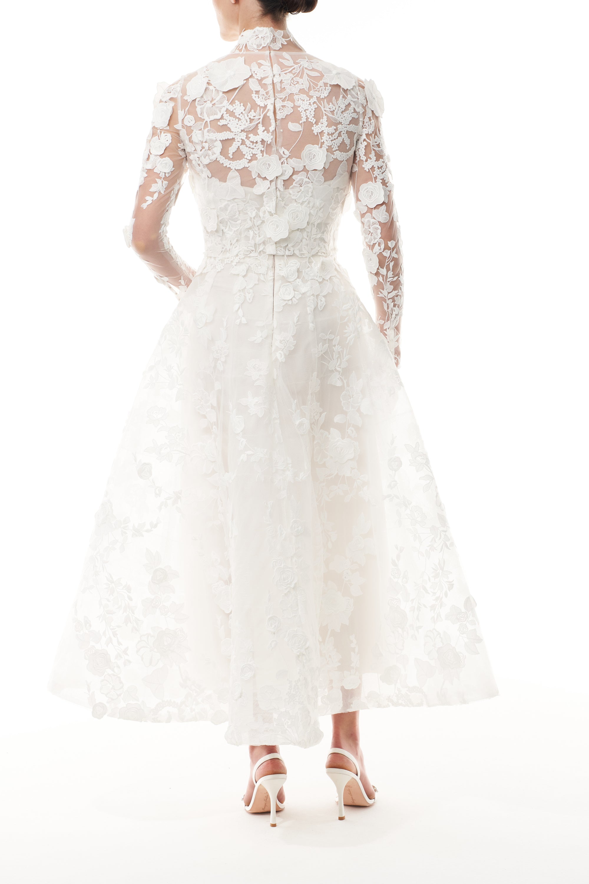 Monique Lhuillier silk white lace jacket with high neck and hook and eye closure - back.