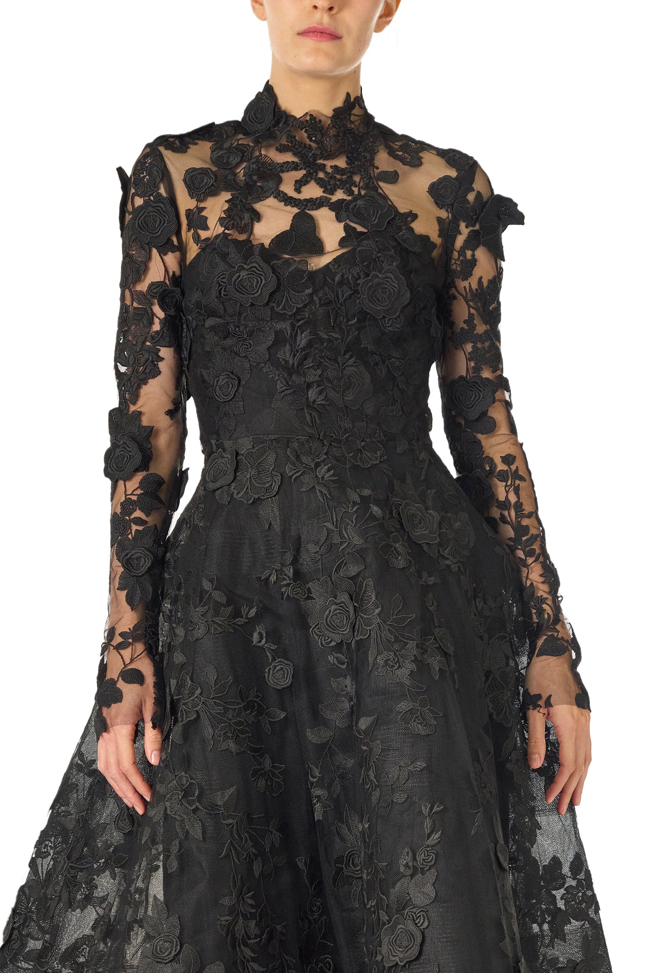 Monique Lhuillier Fall 2024 high neck, long sleeve noir lace jacket with hook and eye closure - front closeup.