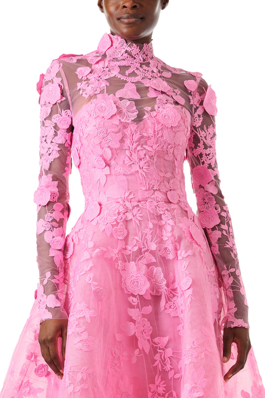 Monique Lhuillier Fall 2024 high neck, long sleeve pink lace jacket with hook and eye closure - front crop.